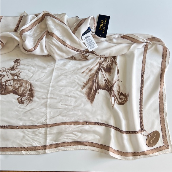 Polo Ralph Lauren Equestrian Silk Scarf Polo Horse Print Cream Brown - Picture 6 of 17